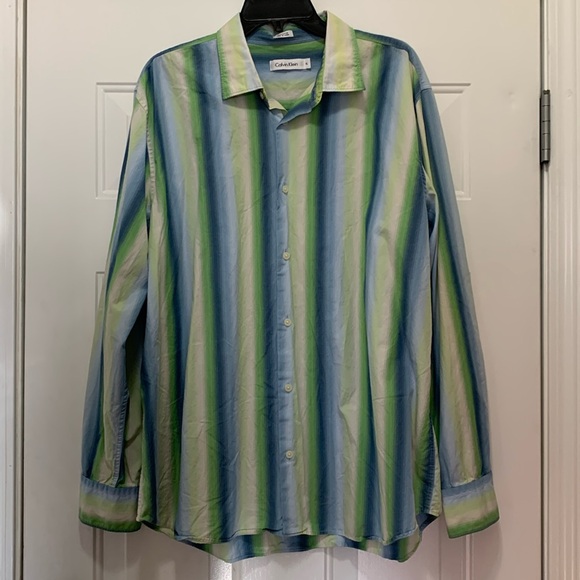 3/$15 Calvin Klein mens size XL striped casual button down shirt in blue/green - Picture 1 of 5